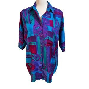 Vintage 90s Retro Purple Green Abstract Blouse Size Medium Buttons Bobbie Brooks
